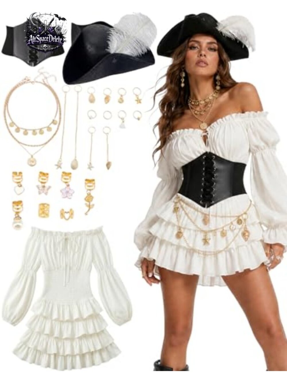 SOOFILM 7 Pcs Pirate Costume Dress Corset Hat Necklace Feather Set
